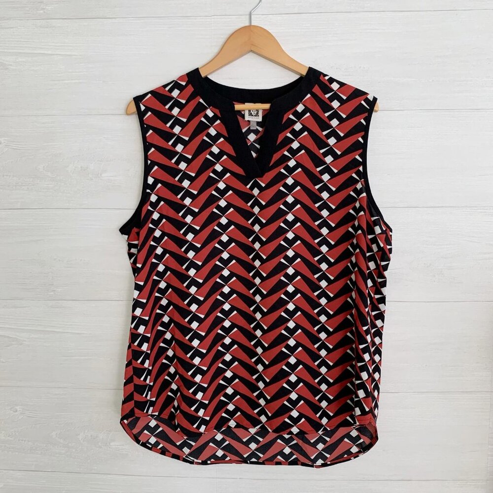 Anne Klein - Red black geometric split neck sleeveless top, L